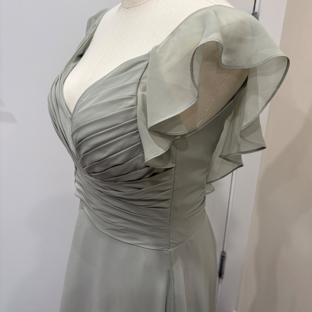 JJ's House Soft Sage Green Chiffon Pleated V-Neck Flutter Sleeve Gown Bridal XS - Picture 5 of 9
